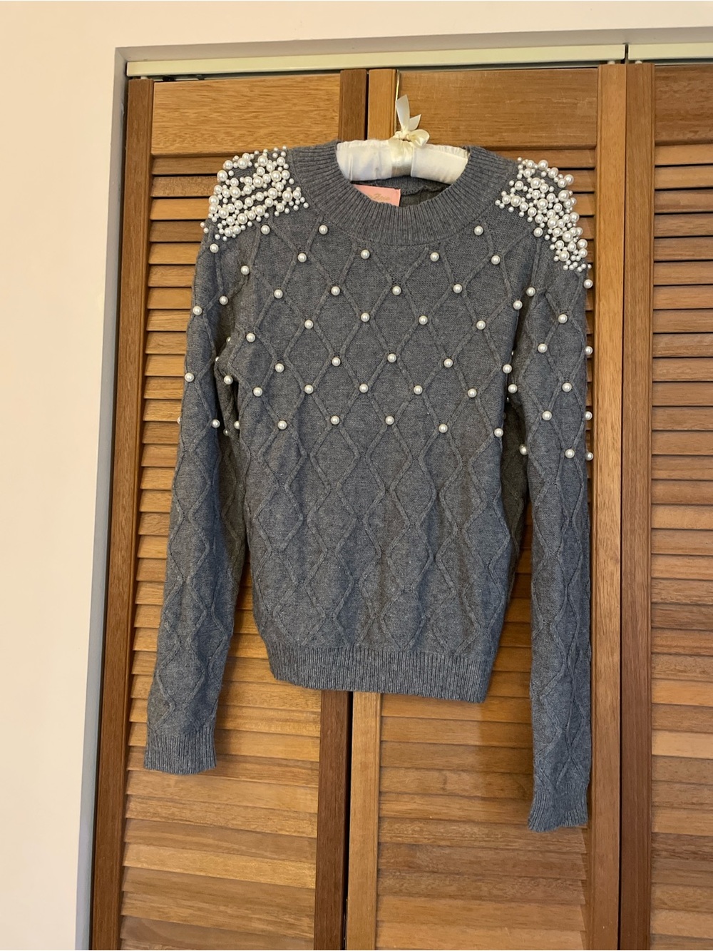 Pearl-Trim Gray Cable Crewneck Sweater